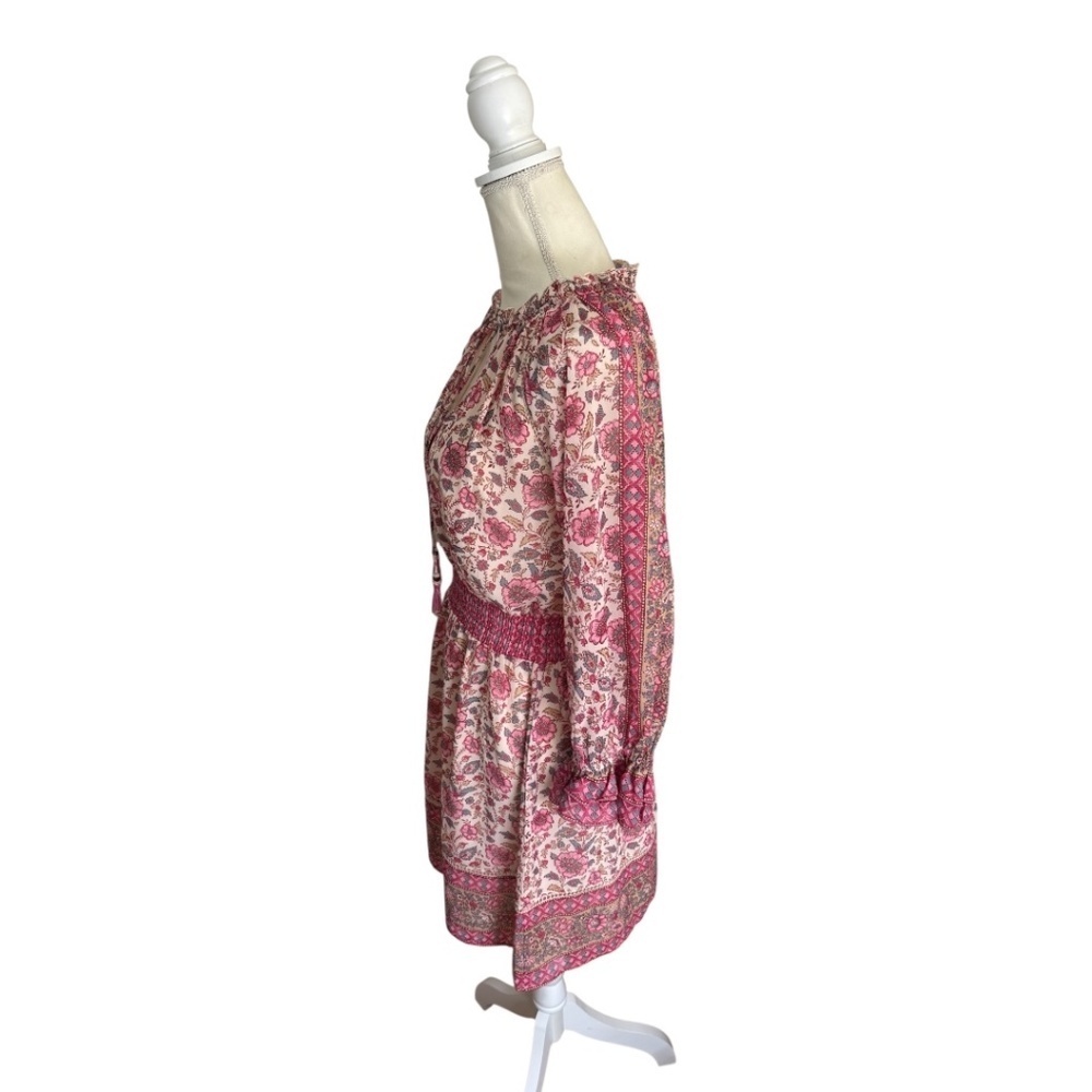 Love The Label Anthropologie Boho Floral Mini Dress Pink Smocked Tassel S - Picture 2 of 15